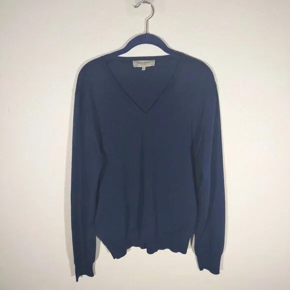 Yves Saint Laurent Rive Gauche Women's Navy Blue Wool V-Neck Sweater Size Large - Picture 1 of 9